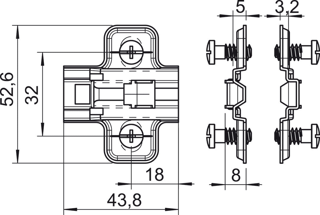 Mounting Plate, Flanged, for Clip-On Hinges, with Euro Mounting Screws