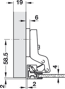 Aluminum Frame Door Hinge, HÃ¤fele Metallamat A, inset mounting, opening angle 110°