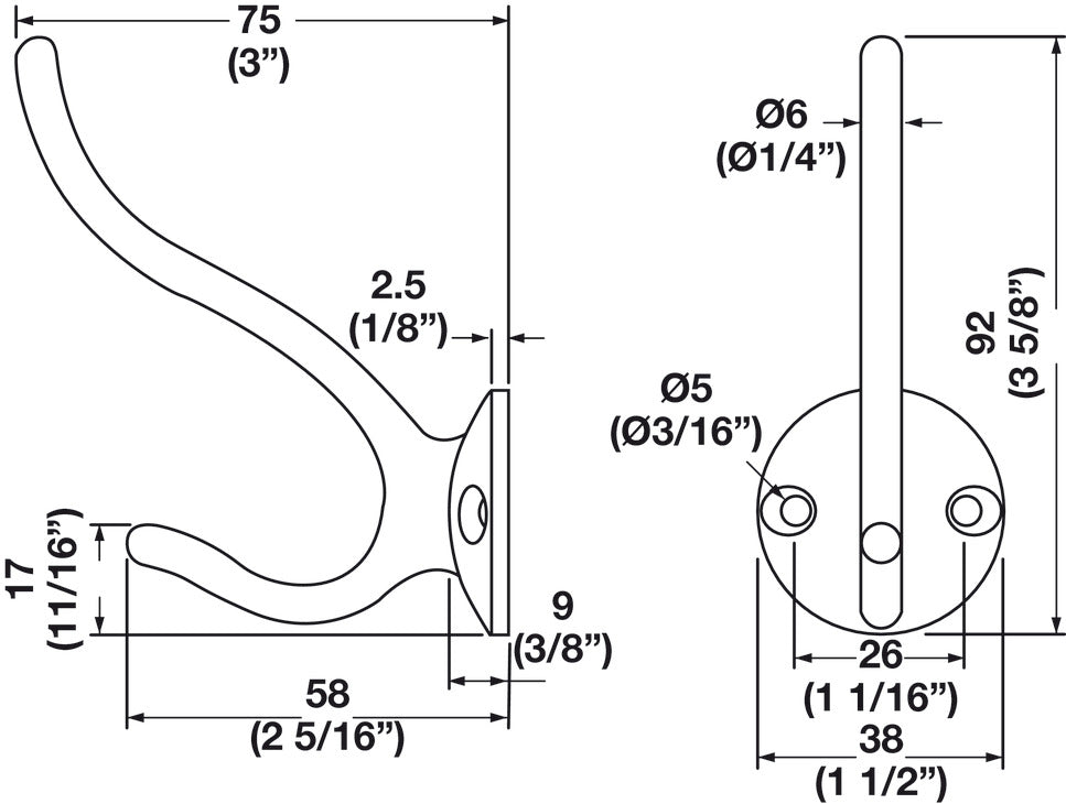 Hat & Coat Hook, 38 x 75 x 92 mm (W x D x H)