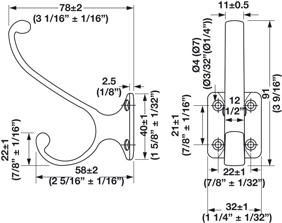 Hat & Coat Hook, 32 x 78 x 91 mm (W x D x H)