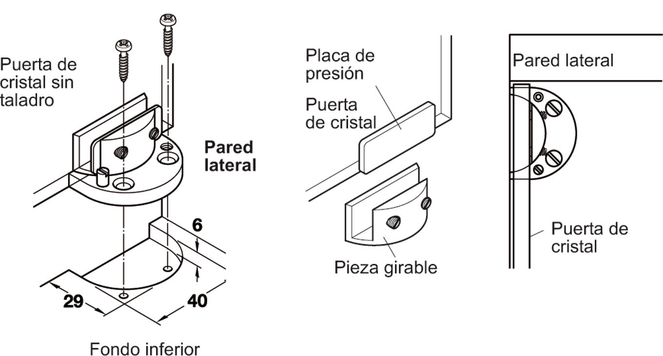 Glass Door Hinge, Opening angle 95°, inset mounting