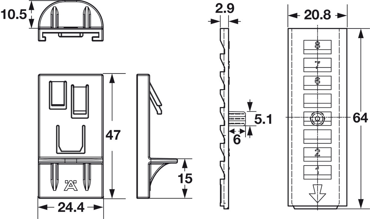 Mullion Shelf Clip, Adjustable, Plastic, Ø 5mm