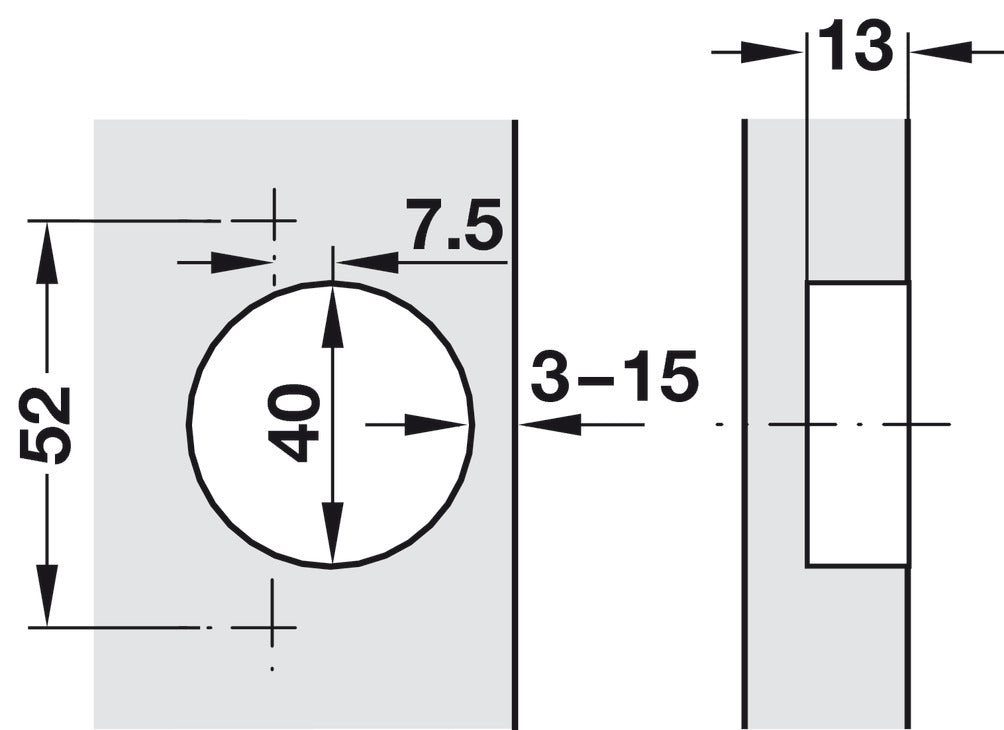 Concealed Thick Door Hinge, Salice, 94° Opening Angle, Inset Mounting