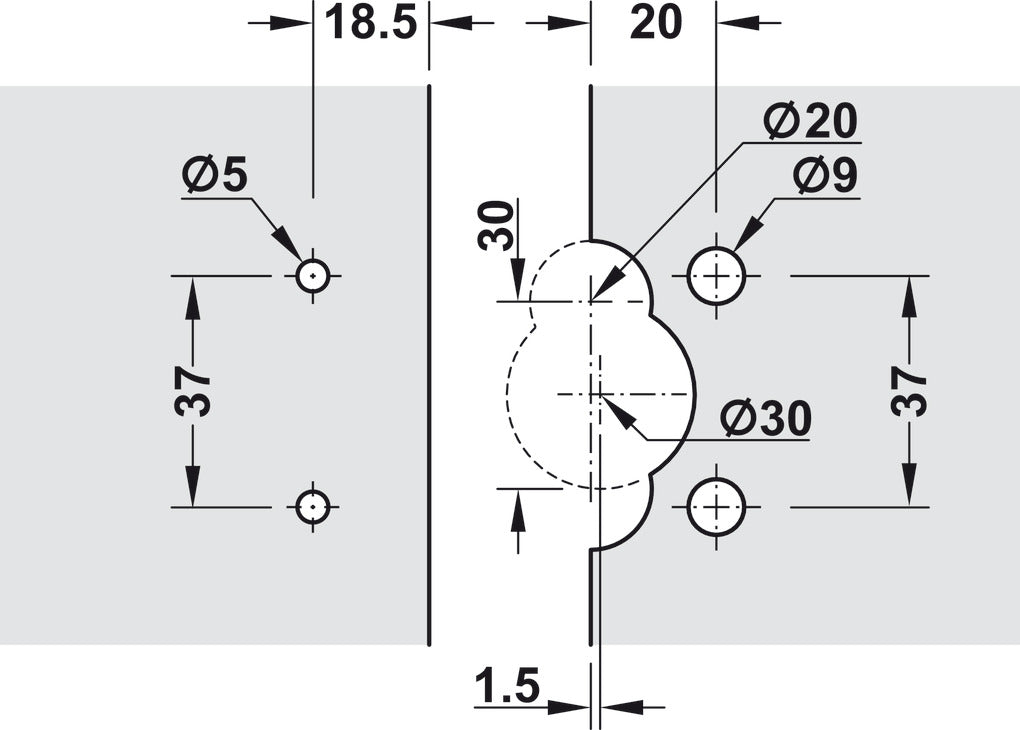 Glass Door Hinge, Aximat®, 230° Opening Angle, Glass to Wood,  3 mm Overlay