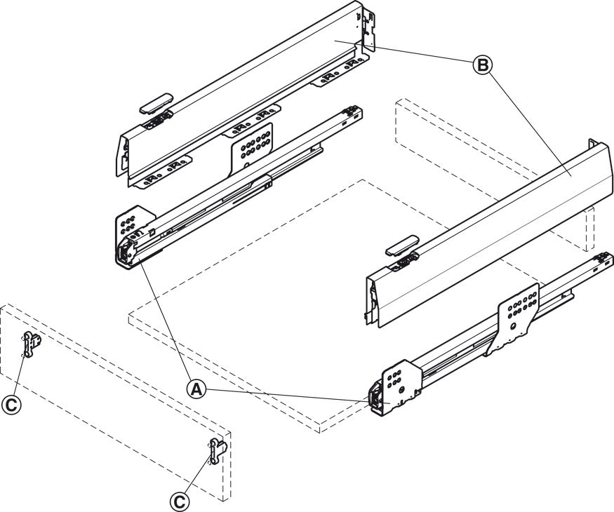 Drawer side runner system, HÃ¤fele Matrix Box P50, drawer side height (3 5/8") 92 mm, load bearing capacity (110 lbs) 50 kg
