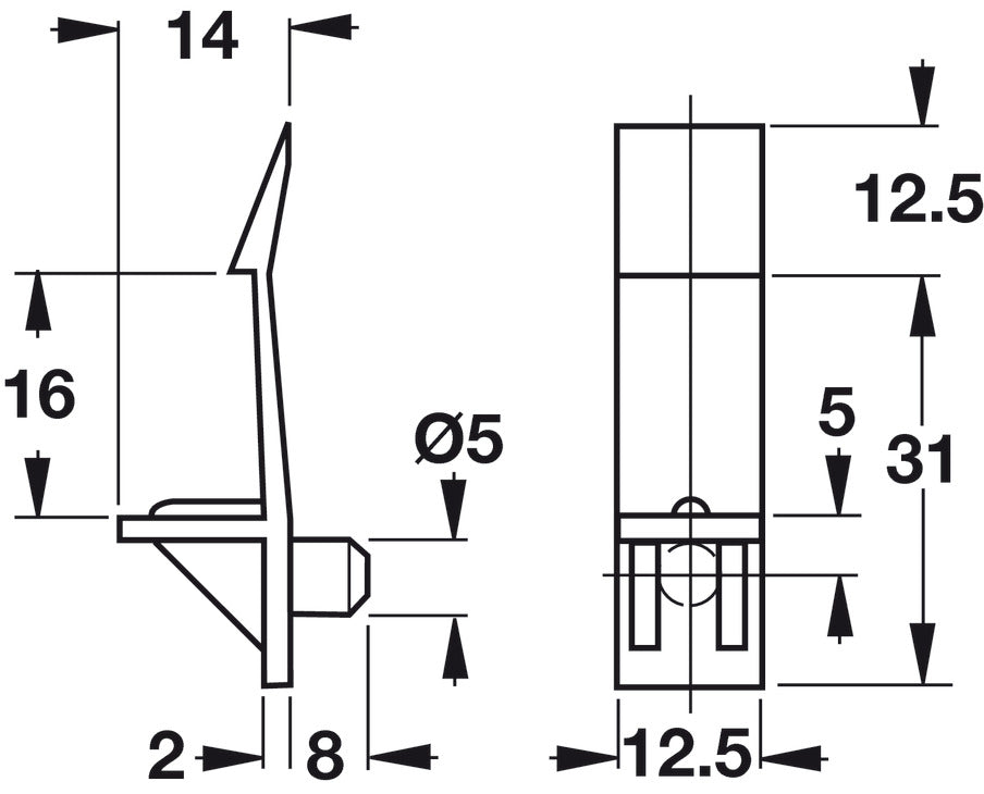 Shelf Support, with Plug and Spring Clip, Ø5 mm