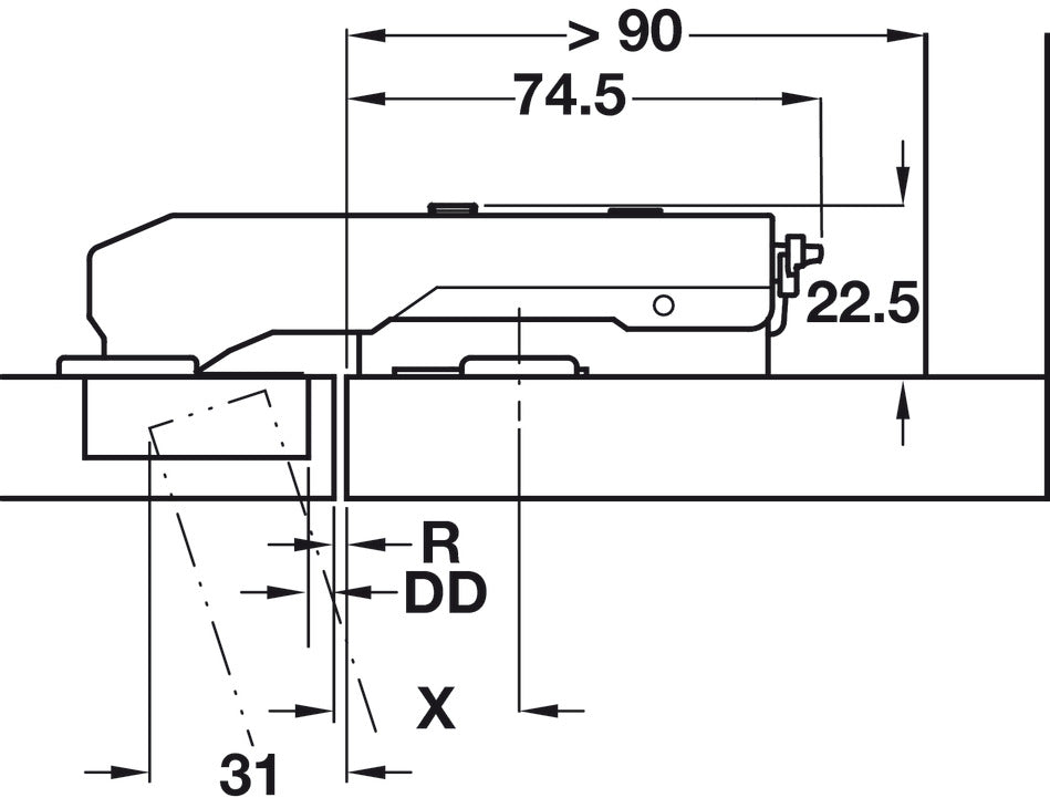 Concealed Blind Corner Hinge, Grass TIOMOS, 110° Opening Angle, Inset Mounting