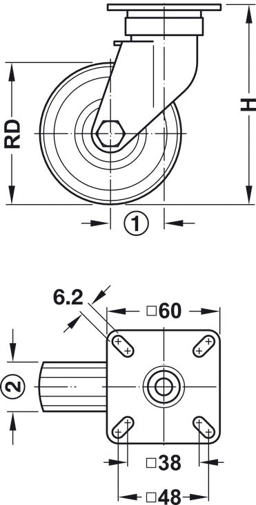 Coal Box Caster, With soft running surface, fixed or free running