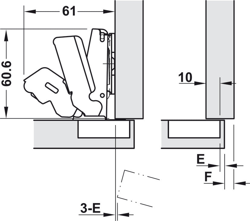 Concealed Hinge, Salice, 165° Opening Angle, Self Close, 1/2" Overlay