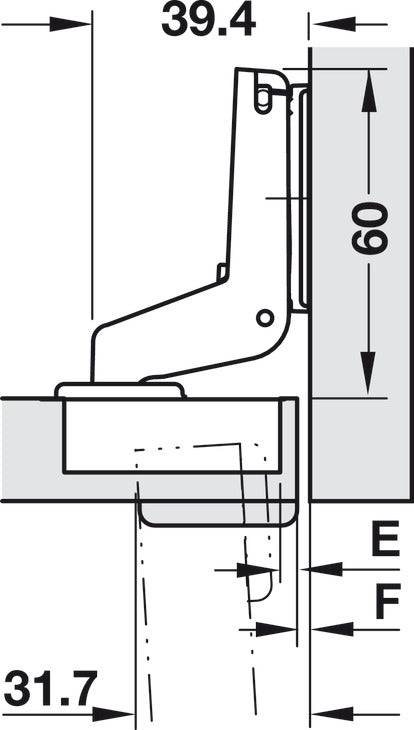 Concealed Thick Door Hinge, Salice, 94° Opening Angle, Inset Mounting