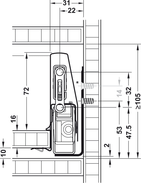 Drawer side runner system, HÃ¤fele Matrix Box P50, drawer side height (3 5/8") 92 mm, load bearing capacity (110 lbs) 50 kg