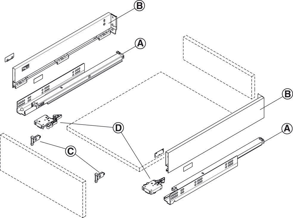 Drawer side runner system, HÃ¤fele Matrix Box Slim A, 89 mm Drawer Height