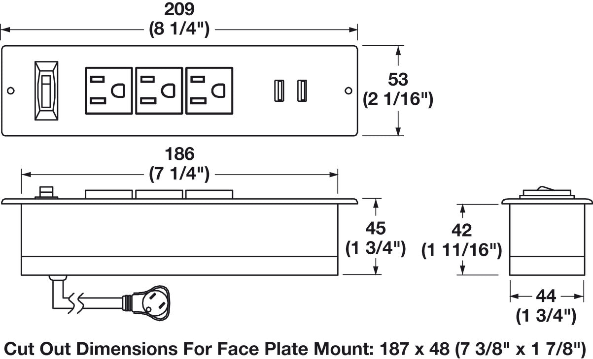Power Bar, 3 Outlet, Face Plate Mount